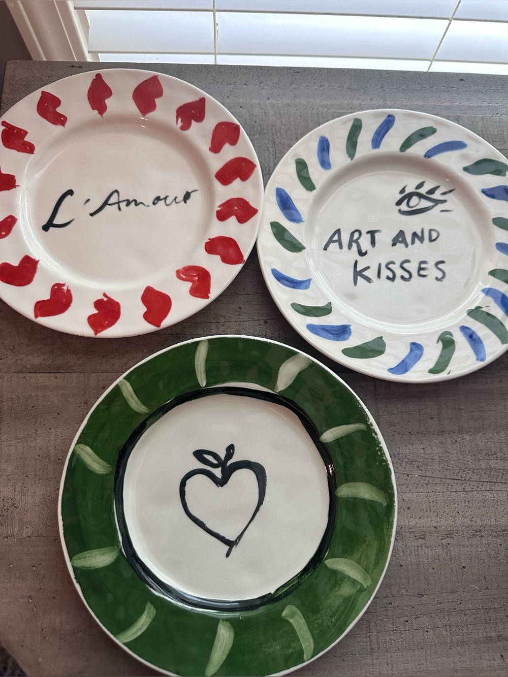 3 Anthropologie Hotel Magique Green Heart Apple Art Kisses Lamour Salad 8.5”